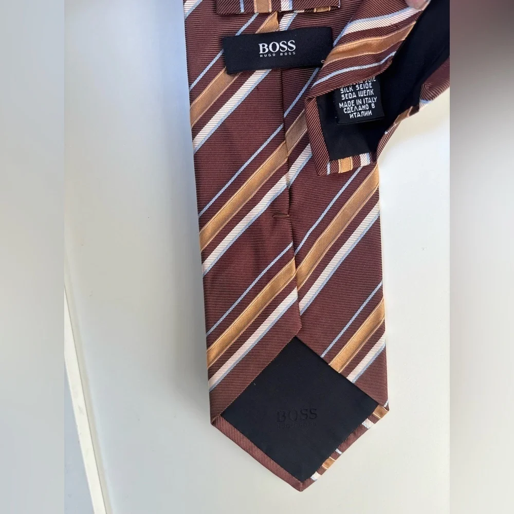 Hugo Boss Necktie Striped Silk 3.25” Made In Italy Brown Blue